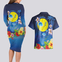 Palau Jellyfish Couples Matching Long Sleeve Bodycon Dress and Hawaiian Shirt Ocean Heritage Tropical Plants - Polynesian Pride