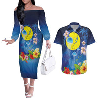 Palau Jellyfish Couples Matching Off The Shoulder Long Sleeve Dress and Hawaiian Shirt Ocean Heritage Tropical Plants - Polynesian Pride
