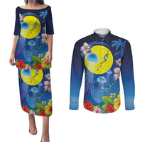 Palau Jellyfish Couples Matching Puletasi and Long Sleeve Button Shirt Ocean Heritage Tropical Plants - Polynesian Pride
