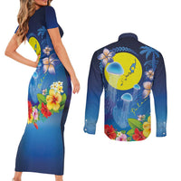 Palau Jellyfish Couples Matching Short Sleeve Bodycon Dress and Long Sleeve Button Shirt Ocean Heritage Tropical Plants - Polynesian Pride
