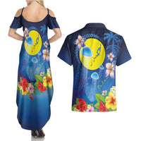 Palau Jellyfish Couples Matching Summer Maxi Dress and Hawaiian Shirt Ocean Heritage Tropical Plants - Polynesian Pride
