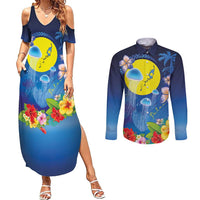 Palau Jellyfish Couples Matching Summer Maxi Dress and Long Sleeve Button Shirt Ocean Heritage Tropical Plants - Polynesian Pride