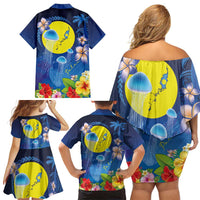 Palau Jellyfish Family Matching Off Shoulder Short Dress and Hawaiian Shirt Ocean Heritage Tropical Plants - Polynesian Pride