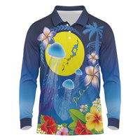 Palau Jellyfish Long Sleeve Polo Shirt Ocean Heritage Tropical Plants - Polynesian Pride