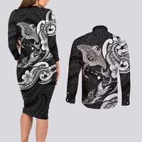 Hawaiian Manta Rays Couples Matching Long Sleeve Bodycon Dress and Long Sleeve Button Shirt Tribal Hibiscus Polynesian Tattoos Black Color - Polynesian Pride