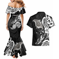 Hawaiian Manta Rays Couples Matching Mermaid Dress and Hawaiian Shirt Tribal Hibiscus Polynesian Tattoos Black Color - Polynesian Pride