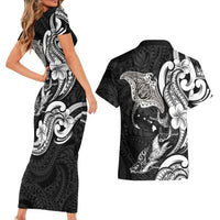 Hawaiian Manta Rays Couples Matching Short Sleeve Bodycon Dress and Hawaiian Shirt Tribal Hibiscus Polynesian Tattoos Black Color - Polynesian Pride