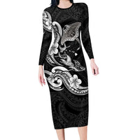 Hawaiian Manta Rays Family Matching Long Sleeve Bodycon Dress and Hawaiian Shirt Tribal Hibiscus Polynesian Tattoos Black Color - Polynesian Pride