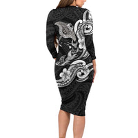 Hawaiian Manta Rays Family Matching Long Sleeve Bodycon Dress and Hawaiian Shirt Tribal Hibiscus Polynesian Tattoos Black Color - Polynesian Pride