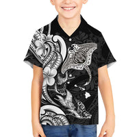 Hawaiian Manta Rays Family Matching Long Sleeve Bodycon Dress and Hawaiian Shirt Tribal Hibiscus Polynesian Tattoos Black Color - Polynesian Pride