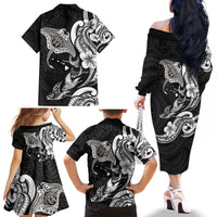 Hawaiian Manta Rays Family Matching Off The Shoulder Long Sleeve Dress and Hawaiian Shirt Tribal Hibiscus Polynesian Tattoos Black Color - Polynesian Pride