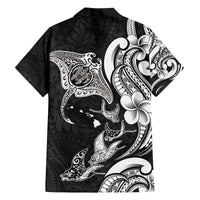 Hawaiian Manta Rays Family Matching Off The Shoulder Long Sleeve Dress and Hawaiian Shirt Tribal Hibiscus Polynesian Tattoos Black Color - Polynesian Pride