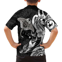 Hawaiian Manta Rays Family Matching Off Shoulder Maxi Dress and Hawaiian Shirt Tribal Hibiscus Polynesian Tattoos Black Color - Polynesian Pride