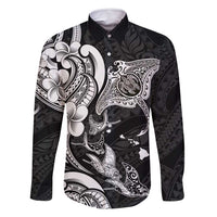 Hawaiian Manta Rays Family Matching Off Shoulder Maxi Dress and Hawaiian Shirt Tribal Hibiscus Polynesian Tattoos Black Color - Polynesian Pride