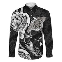 Hawaiian Manta Rays Family Matching Off Shoulder Maxi Dress and Hawaiian Shirt Tribal Hibiscus Polynesian Tattoos Black Color - Polynesian Pride