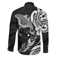 Hawaiian Manta Rays Family Matching Off Shoulder Maxi Dress and Hawaiian Shirt Tribal Hibiscus Polynesian Tattoos Black Color - Polynesian Pride