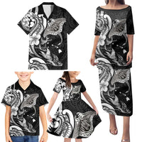 Hawaiian Manta Rays Family Matching Puletasi and Hawaiian Shirt Tribal Hibiscus Polynesian Tattoos Black Color - Polynesian Pride