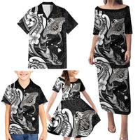 Hawaiian Manta Rays Family Matching Puletasi and Hawaiian Shirt Tribal Hibiscus Polynesian Tattoos Black Color - Polynesian Pride