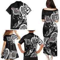 Hawaiian Manta Rays Family Matching Puletasi and Hawaiian Shirt Tribal Hibiscus Polynesian Tattoos Black Color - Polynesian Pride