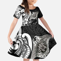 Hawaiian Manta Rays Family Matching Short Sleeve Bodycon Dress and Hawaiian Shirt Tribal Hibiscus Polynesian Tattoos Black Color - Polynesian Pride