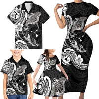 Hawaiian Manta Rays Family Matching Short Sleeve Bodycon Dress and Hawaiian Shirt Tribal Hibiscus Polynesian Tattoos Black Color - Polynesian Pride