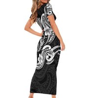 Hawaiian Manta Rays Family Matching Short Sleeve Bodycon Dress and Hawaiian Shirt Tribal Hibiscus Polynesian Tattoos Black Color - Polynesian Pride