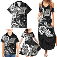 Hawaiian Manta Rays Family Matching Summer Maxi Dress and Hawaiian Shirt Tribal Hibiscus Polynesian Tattoos Black Color - Polynesian Pride