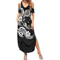 Hawaiian Manta Rays Family Matching Summer Maxi Dress and Hawaiian Shirt Tribal Hibiscus Polynesian Tattoos Black Color - Polynesian Pride