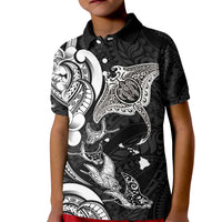 Hawaiian Manta Rays Kid Polo Shirt Tribal Hibiscus Polynesian Tattoos Black Color - Polynesian Pride
