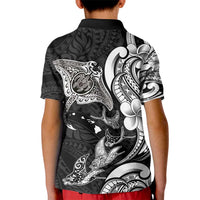 Hawaiian Manta Rays Kid Polo Shirt Tribal Hibiscus Polynesian Tattoos Black Color - Polynesian Pride