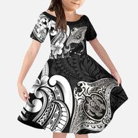 Hawaiian Manta Rays Kid Short Sleeve Dress Tribal Hibiscus Polynesian Tattoos Black Color - Polynesian Pride