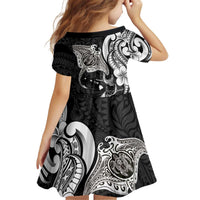 Hawaiian Manta Rays Kid Short Sleeve Dress Tribal Hibiscus Polynesian Tattoos Black Color - Polynesian Pride
