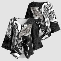 Hawaiian Manta Rays Kimono Sleeve Blouse Tribal Hibiscus Polynesian Tattoos Black Color - Polynesian Pride
