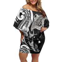 Hawaiian Manta Rays Off Shoulder Short Dress Tribal Hibiscus Polynesian Tattoos Black Color - Polynesian Pride