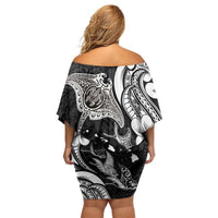Hawaiian Manta Rays Off Shoulder Short Dress Tribal Hibiscus Polynesian Tattoos Black Color - Polynesian Pride
