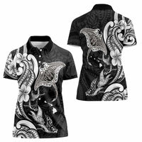 Hawaiian Manta Rays Women Polo Shirt Tribal Hibiscus Polynesian Tattoos Black Color - Polynesian Pride