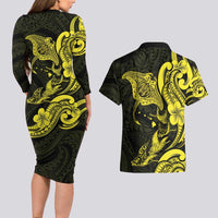 Hawaiian Manta Rays Couples Matching Long Sleeve Bodycon Dress and Hawaiian Shirt Tribal Hibiscus Polynesian Tattoos Yellow Color - Polynesian Pride