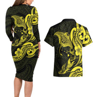Hawaiian Manta Rays Couples Matching Long Sleeve Bodycon Dress and Hawaiian Shirt Tribal Hibiscus Polynesian Tattoos Yellow Color - Polynesian Pride