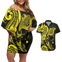 Hawaiian Manta Rays Couples Matching Off Shoulder Short Dress and Hawaiian Shirt Tribal Hibiscus Polynesian Tattoos Yellow Color - Polynesian Pride