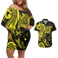Hawaiian Manta Rays Couples Matching Off Shoulder Short Dress and Hawaiian Shirt Tribal Hibiscus Polynesian Tattoos Yellow Color - Polynesian Pride