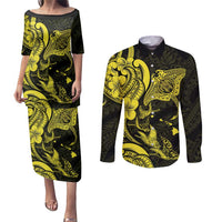 Hawaiian Manta Rays Couples Matching Puletasi and Long Sleeve Button Shirt Tribal Hibiscus Polynesian Tattoos Yellow Color - Polynesian Pride