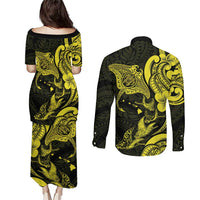 Hawaiian Manta Rays Couples Matching Puletasi and Long Sleeve Button Shirt Tribal Hibiscus Polynesian Tattoos Yellow Color - Polynesian Pride
