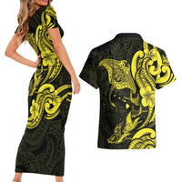 Hawaiian Manta Rays Couples Matching Short Sleeve Bodycon Dress and Hawaiian Shirt Tribal Hibiscus Polynesian Tattoos Yellow Color - Polynesian Pride