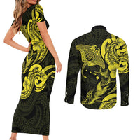Hawaiian Manta Rays Couples Matching Short Sleeve Bodycon Dress and Long Sleeve Button Shirt Tribal Hibiscus Polynesian Tattoos Yellow Color - Polynesian Pride