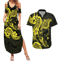 Hawaiian Manta Rays Couples Matching Summer Maxi Dress and Hawaiian Shirt Tribal Hibiscus Polynesian Tattoos Yellow Color - Polynesian Pride