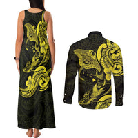 Hawaiian Manta Rays Couples Matching Tank Maxi Dress and Long Sleeve Button Shirt Tribal Hibiscus Polynesian Tattoos Yellow Color - Polynesian Pride