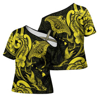 Hawaiian Manta Rays Cross Shoulder Shirt Tribal Hibiscus Polynesian Tattoos Yellow Color - Polynesian Pride