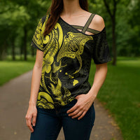 Hawaiian Manta Rays Cross Shoulder Shirt Tribal Hibiscus Polynesian Tattoos Yellow Color - Polynesian Pride