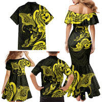 Hawaiian Manta Rays Family Matching Mermaid Dress and Hawaiian Shirt Tribal Hibiscus Polynesian Tattoos Yellow Color - Polynesian Pride
