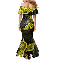 Hawaiian Manta Rays Family Matching Mermaid Dress and Hawaiian Shirt Tribal Hibiscus Polynesian Tattoos Yellow Color - Polynesian Pride
